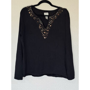 Chicos Silk Blend Embellished V-Neck Long Sleeve Black Size 1 Medium